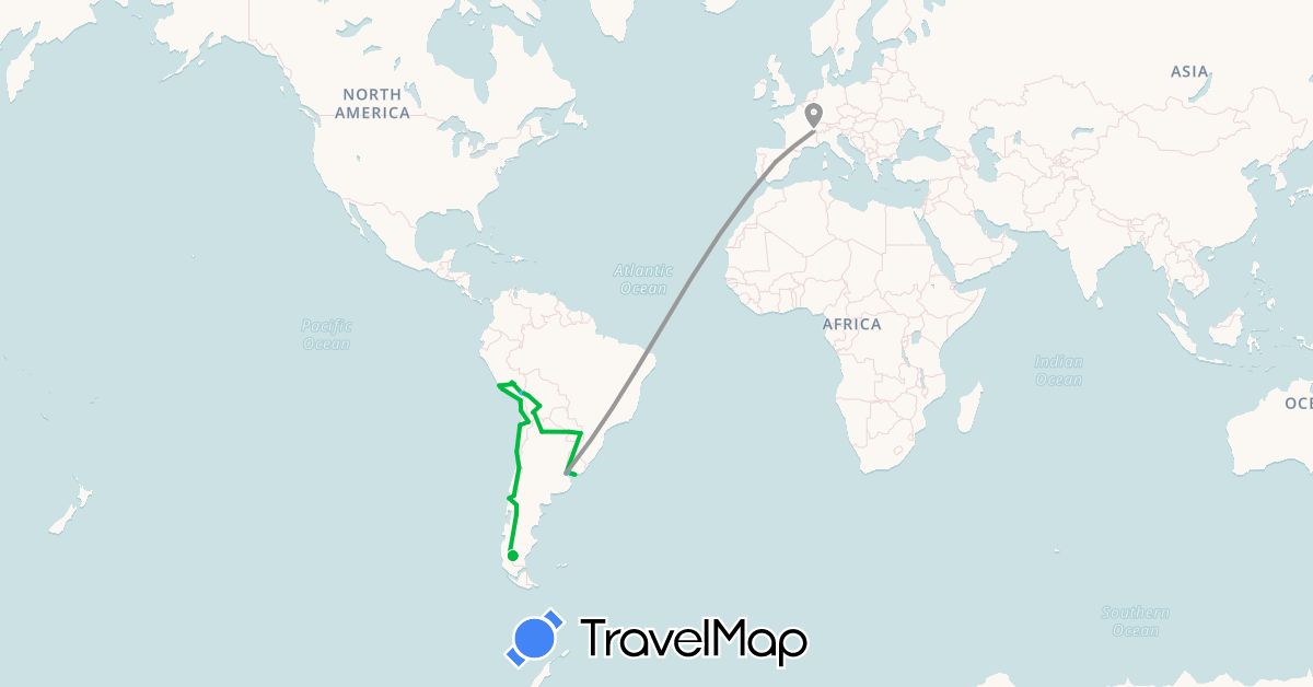 TravelMap itinerary: bus, plane, boat in Argentina, Bolivia, Switzerland, Chile, Spain, Peru, Paraguay, Uruguay (Europe, South America)